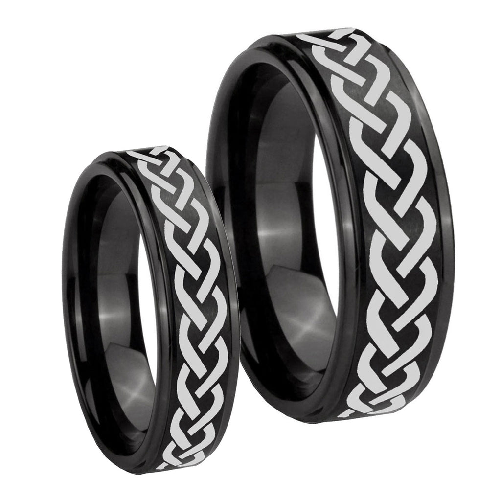 Laser Celtic Knot Step Edges Brush Black Tungsten Couple Wedding Bands