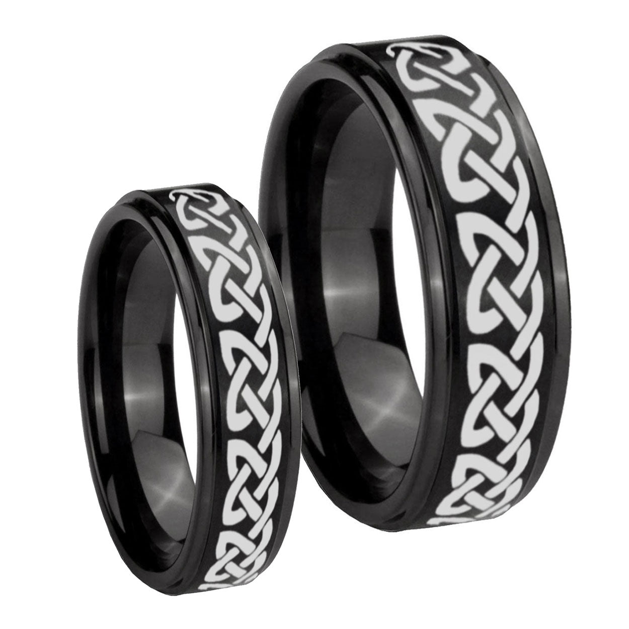 Celtic Knot Love Step Edges Brush Black Tungsten Wedding Set Rings