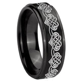 8mm Celtic Knot Heart Step Edges Brush Black Tungsten Carbide Men's Band Ring