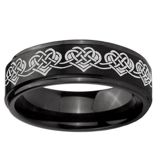 10mm Celtic Knot Heart Step Edge Brush Black Tungsten Men's Promise Rings