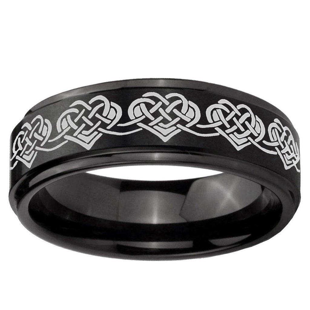 5mm Celtic Knot Heart Step Edges Brush Black Tungsten Ring