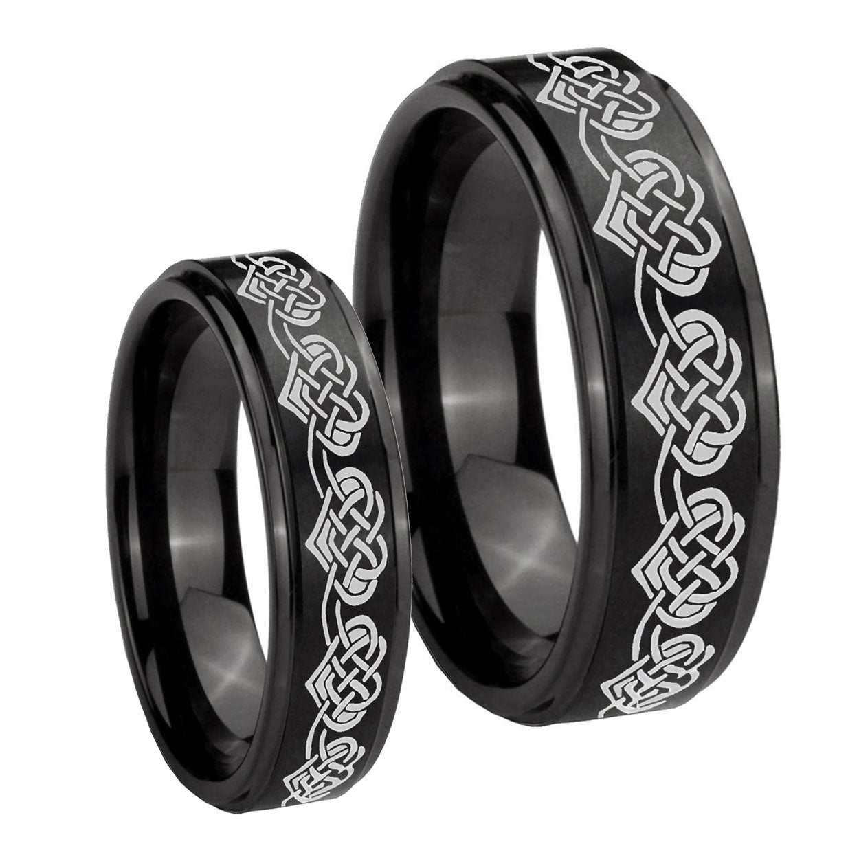 Celtic Knot Heart Step Edges Brush Black Tungsten Couple Rings