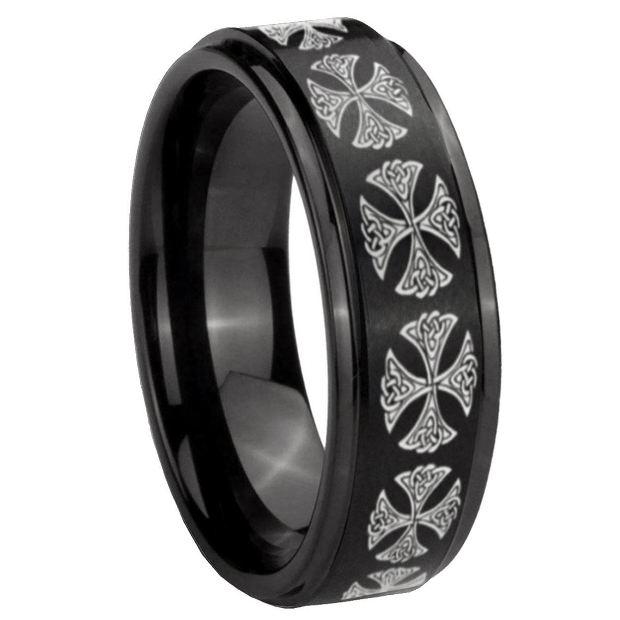 10mm Medieval Cross Step Edges Brush Black Tungsten Men's Promise Rings