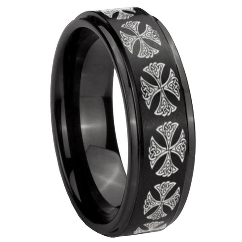10mm Medieval Cross Step Edges Brush Black Tungsten Men's Promise Rings