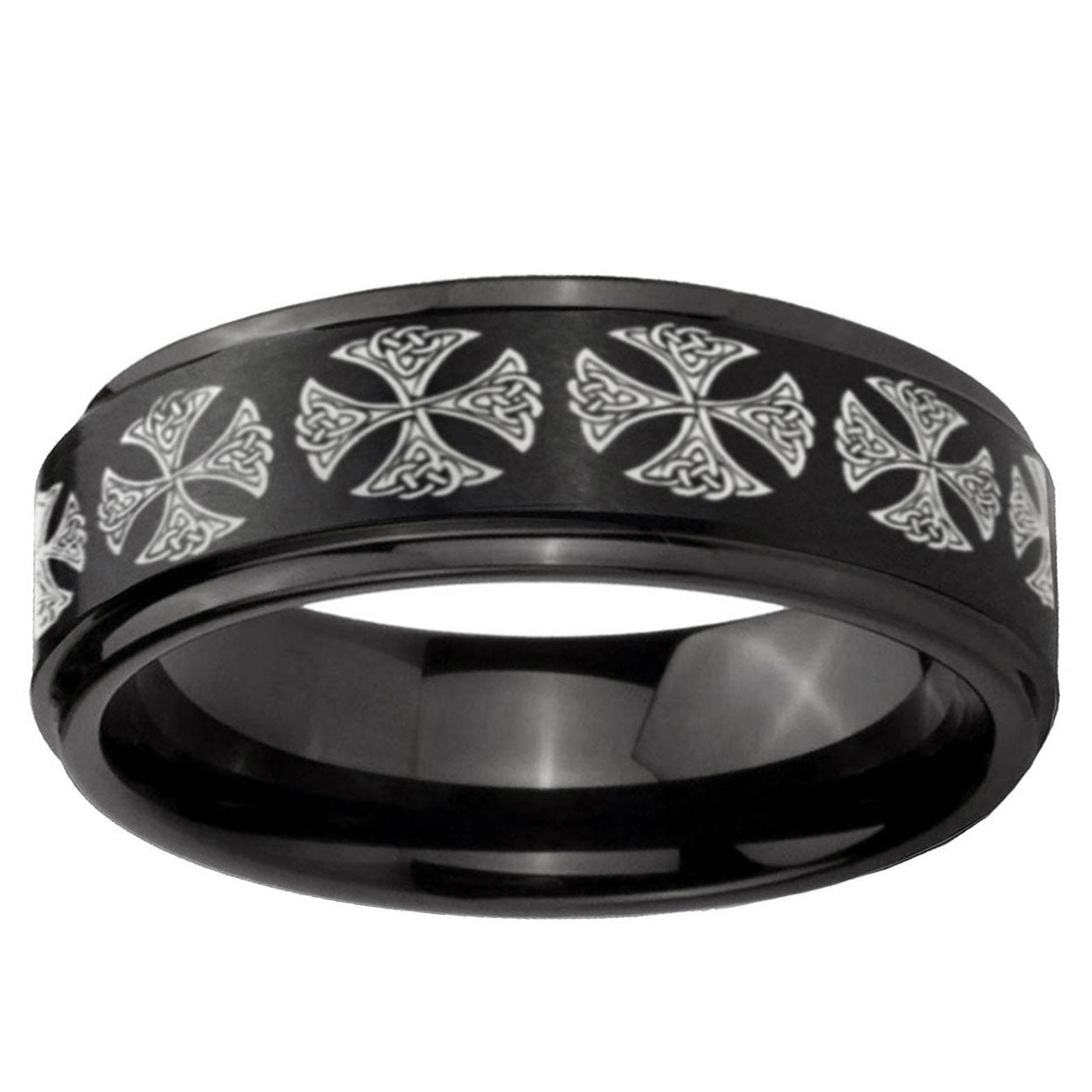 10mm Medieval Cross Step Edge Brush Black Tungsten Men's Promise Rings