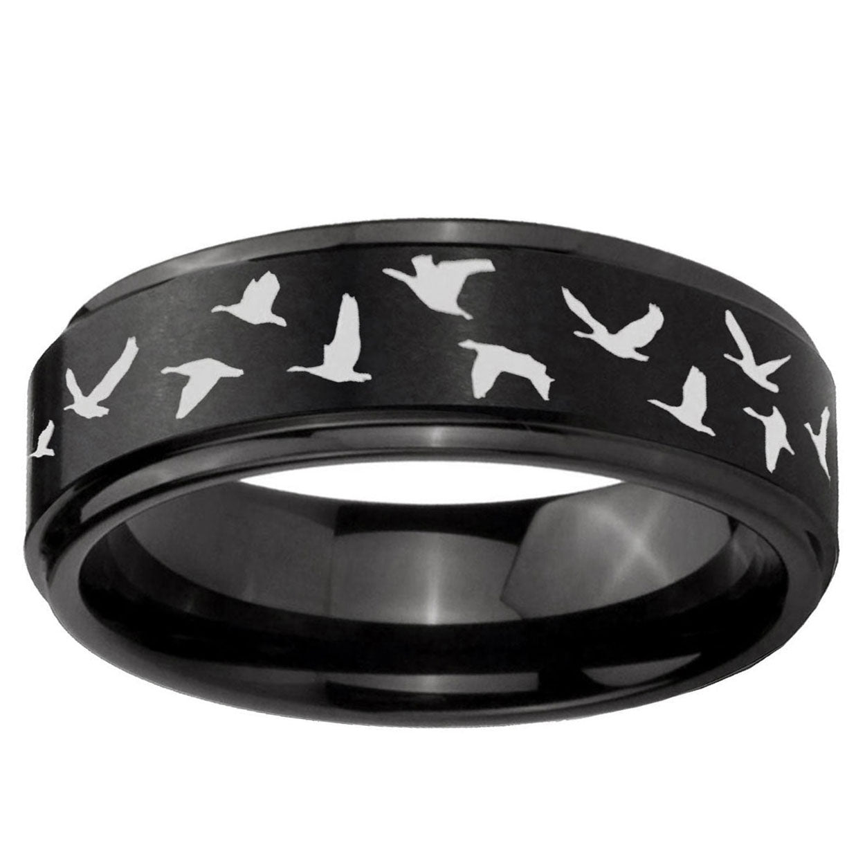 10mm Flying Geese Hunting Step Edge Brush Black Tungsten Men's Promise Rings