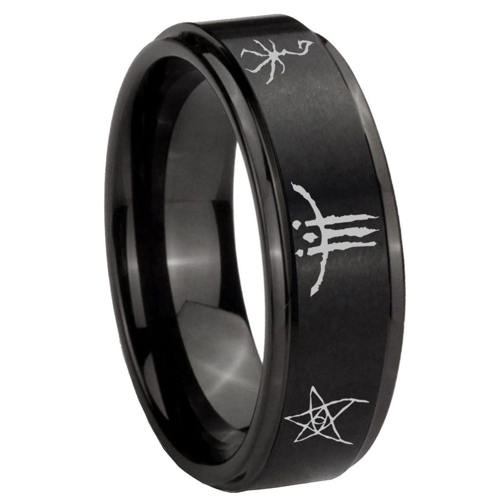 8mm Blackborne Caryll Runes Step Edge Black Tungsten Male Ring