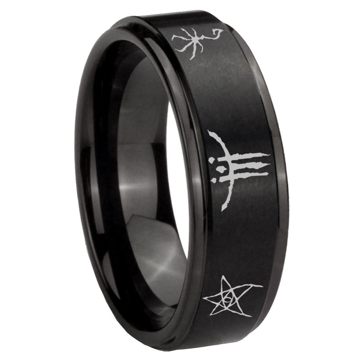 8mm Blackborne Caryll Runes Step Edge Black Tungsten Male Ring