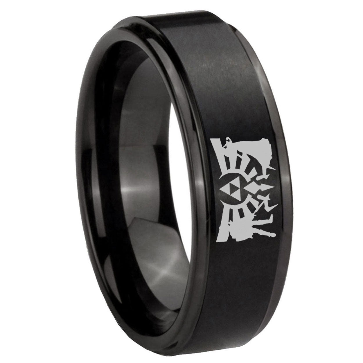 8mm Zelda Link Step Edge Black Tungsten Male Ring