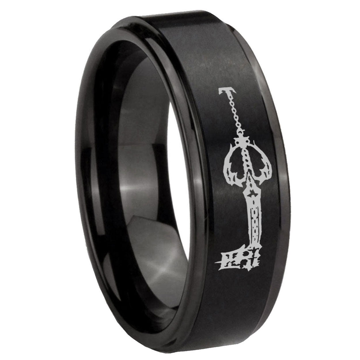 8mm kingdom heart keyblades Step Edge Black Tungsten Male Ring