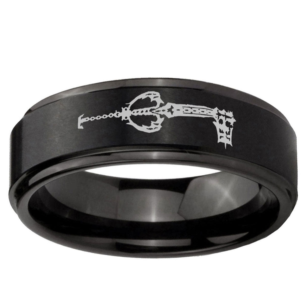 5mm kingdom heart keyblades Step Edge Black Tungsten Male Ring