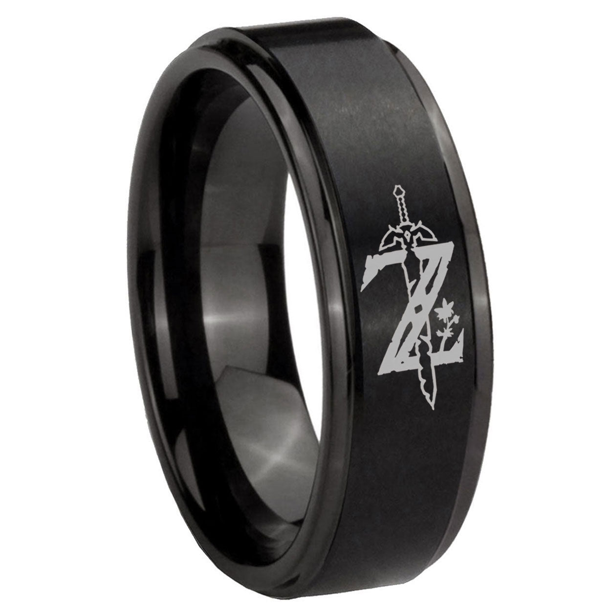 8mm Zelda Breath Of The Wild Step Edge Black Tungsten Male Ring