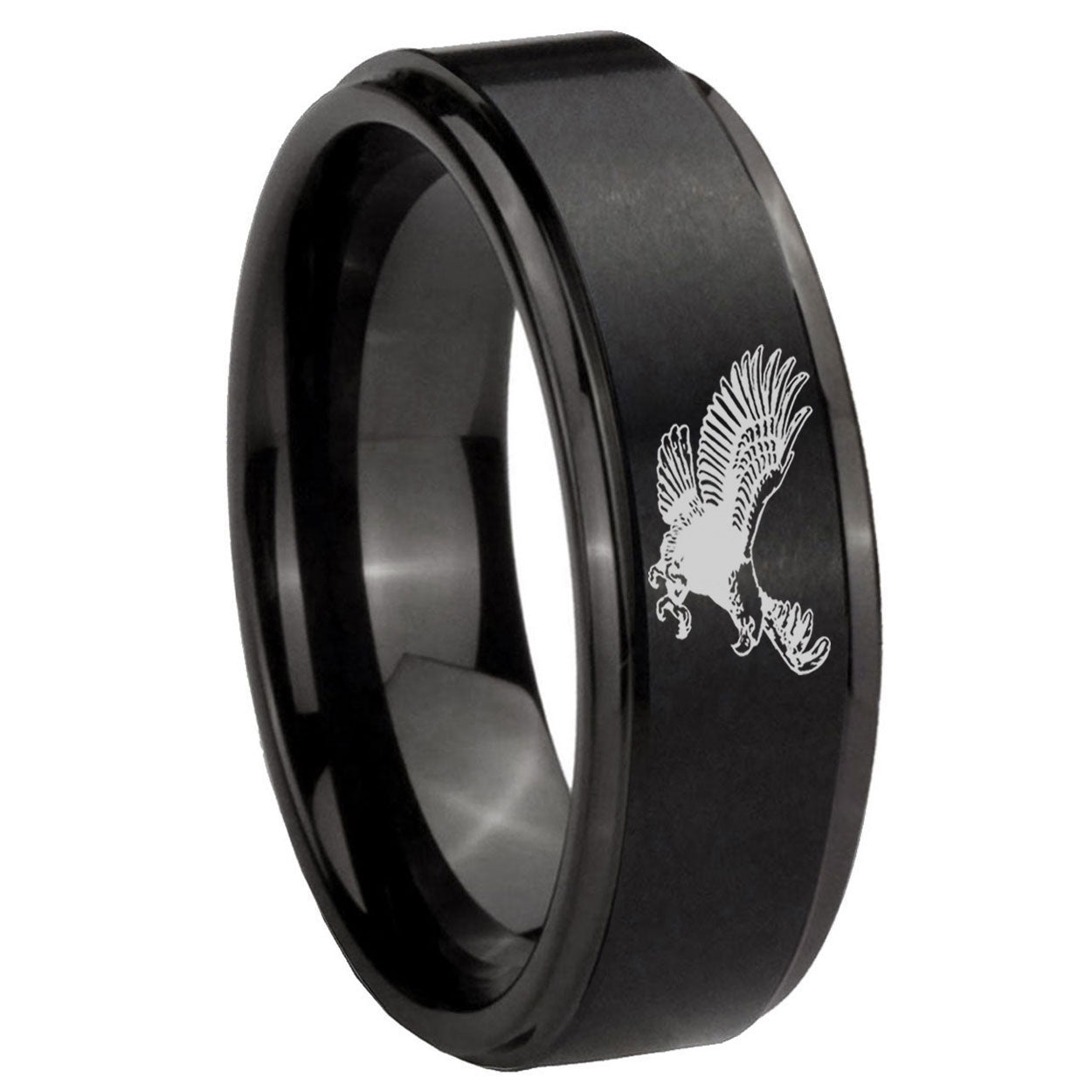 8mm Flying American Eagle Step Edge Black Tungsten Male Ring