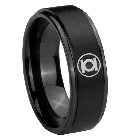 8mm Green Lantern Step Edge Black Tungsten Carbide Mens Ring