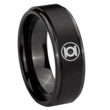 8mm Green Lantern Step Edge Black Tungsten Carbide Mens Ring