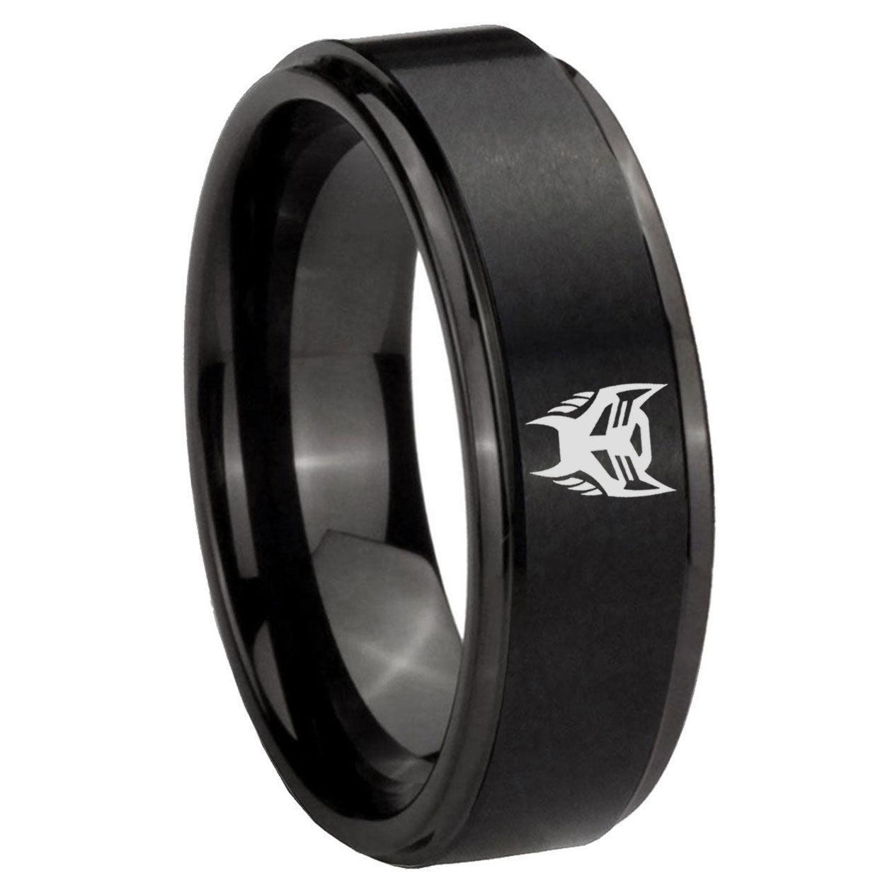 8mm Transformers Insignias Step Edge Black Tungsten Male Ring