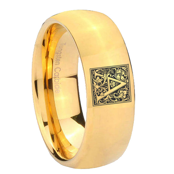 8mm-Dome-Gold-Tungsten-Floral-Initial-Letter-A,-Monogram-Wedding-Ring
