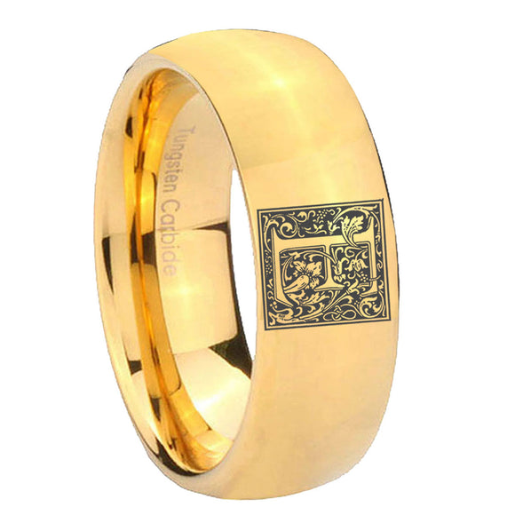 8mm-Dome-Gold-Tungsten-Floral-Initial-Letter-E,-Monogram-Wedding-Ring