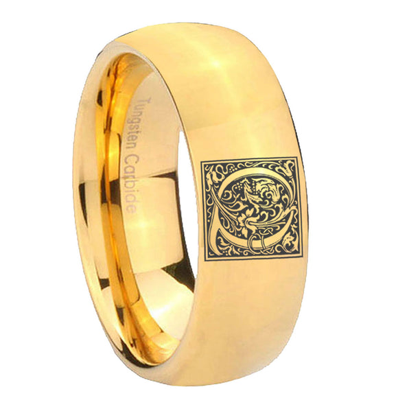 8mm-Dome-Gold-Tungsten-Floral-Initial-Letter-Q,-Monogram-Wedding-Ring