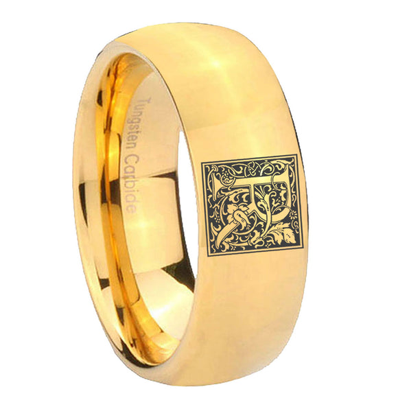 8mm-Dome-Gold-Tungsten-Floral-Initial-Letter-R,-Monogram-Wedding-Ring