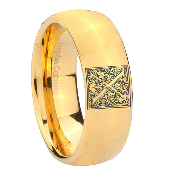 8mm-Dome-Gold-Tungsten-Floral-Initial-Letter-X,-Monogram-Wedding-Ring
