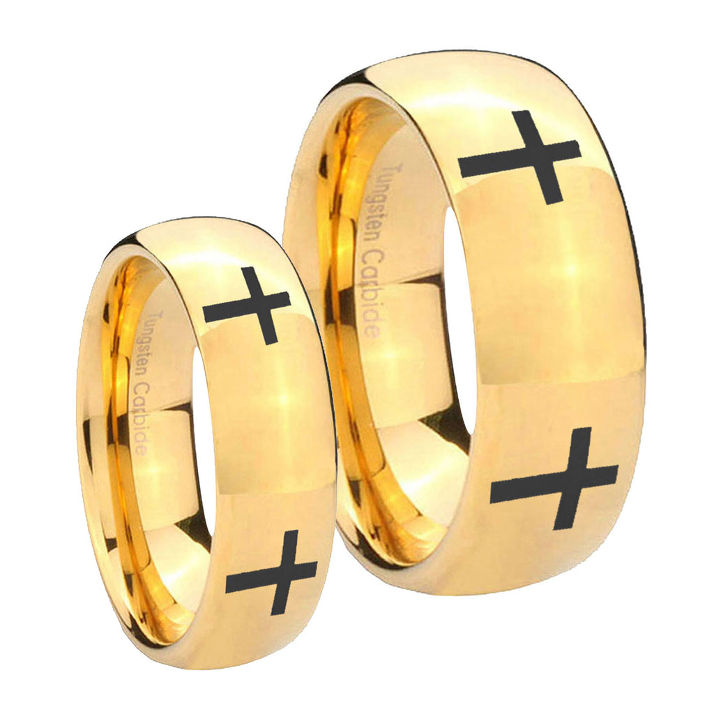 Crosses Dome Gold Tungsten Couples Ring Set