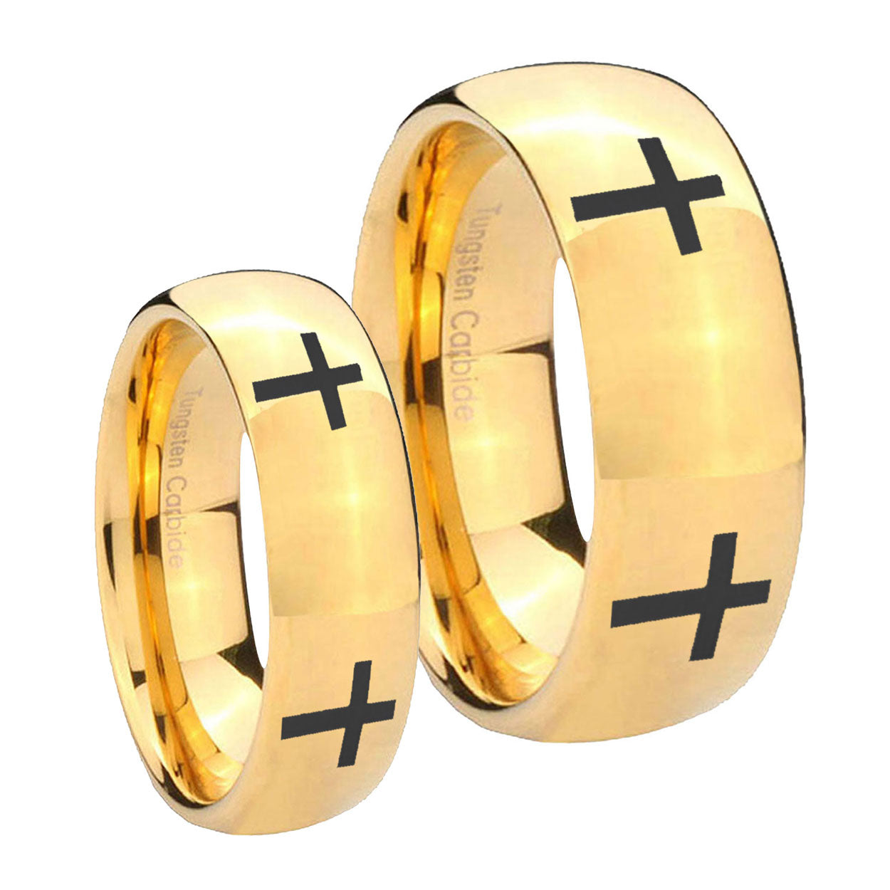 Crosses Dome Gold Tungsten Couples Ring Set