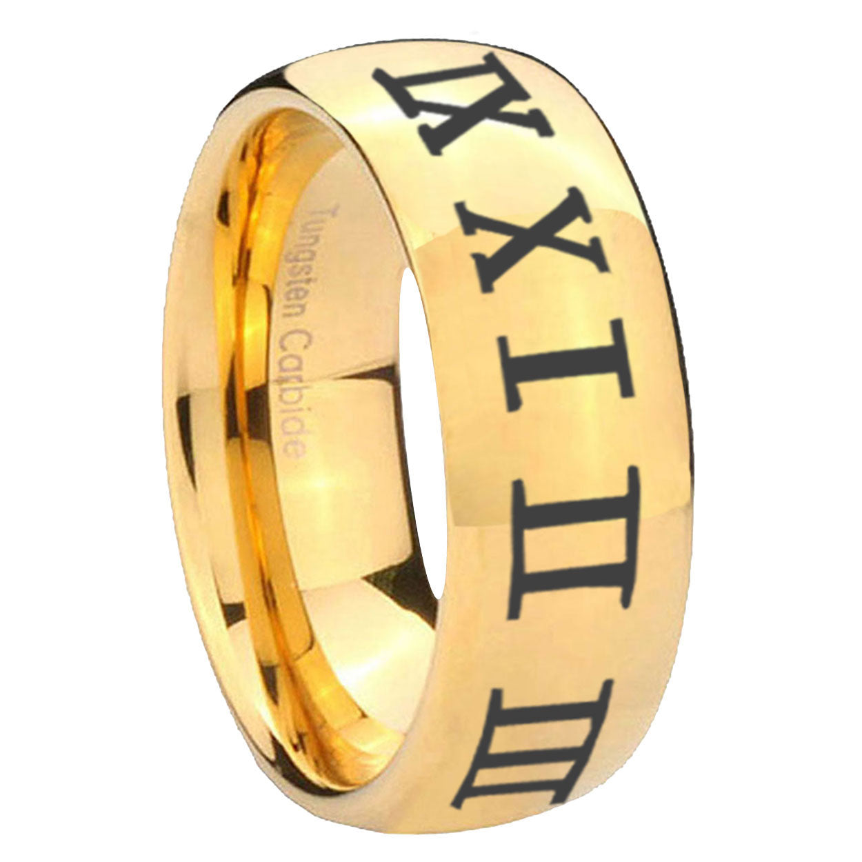 8MM Roman Numeral Dome Polish Gold Tungsten Custom Ring