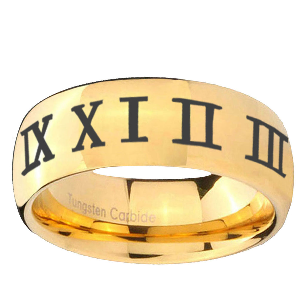 10mm Roman Numeral Dome Gold Tungsten Ring