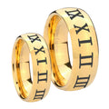 Roman Numeral Dome Gold Tungsten Mens Band Set