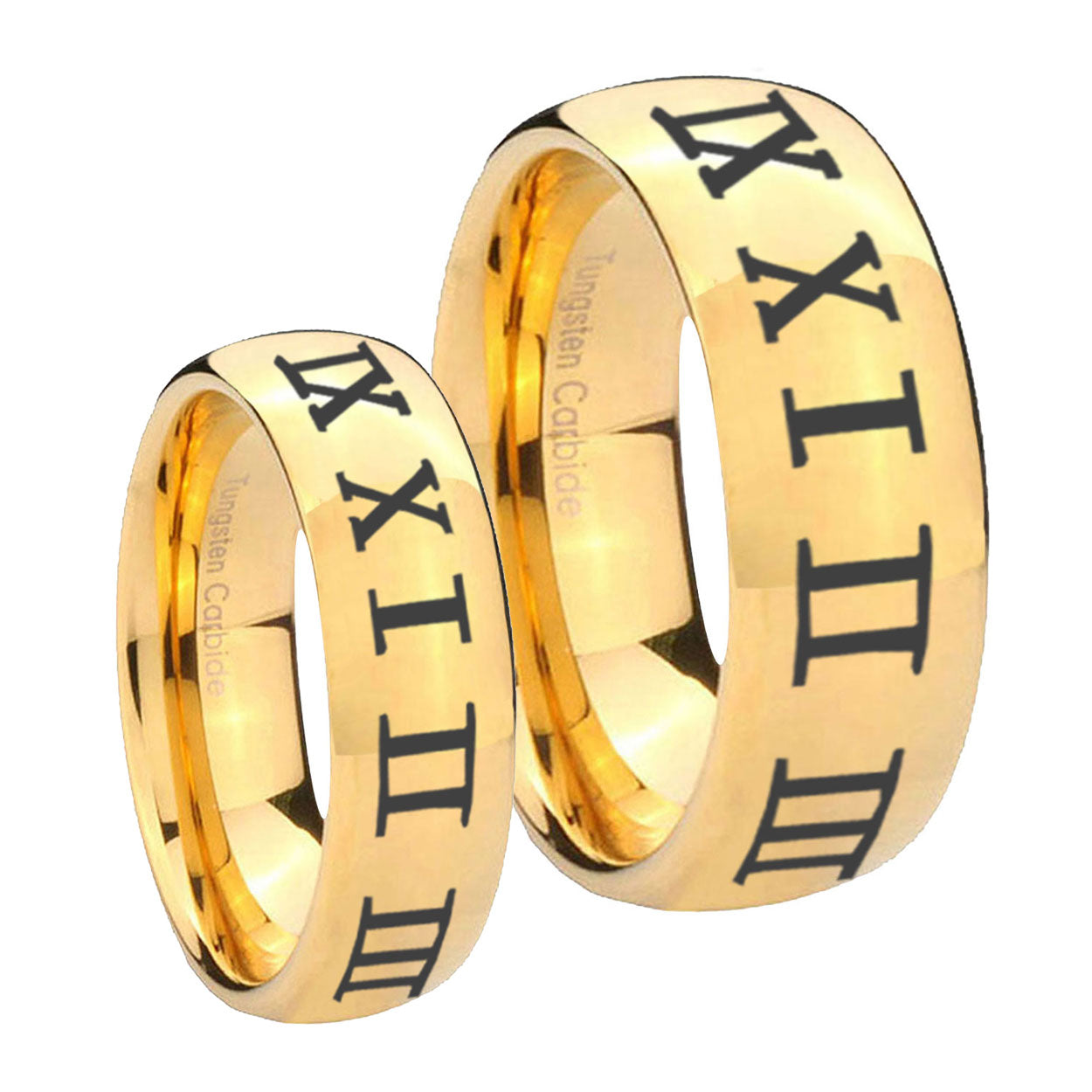 Roman Numeral Dome Gold Tungsten Mens Band Set
