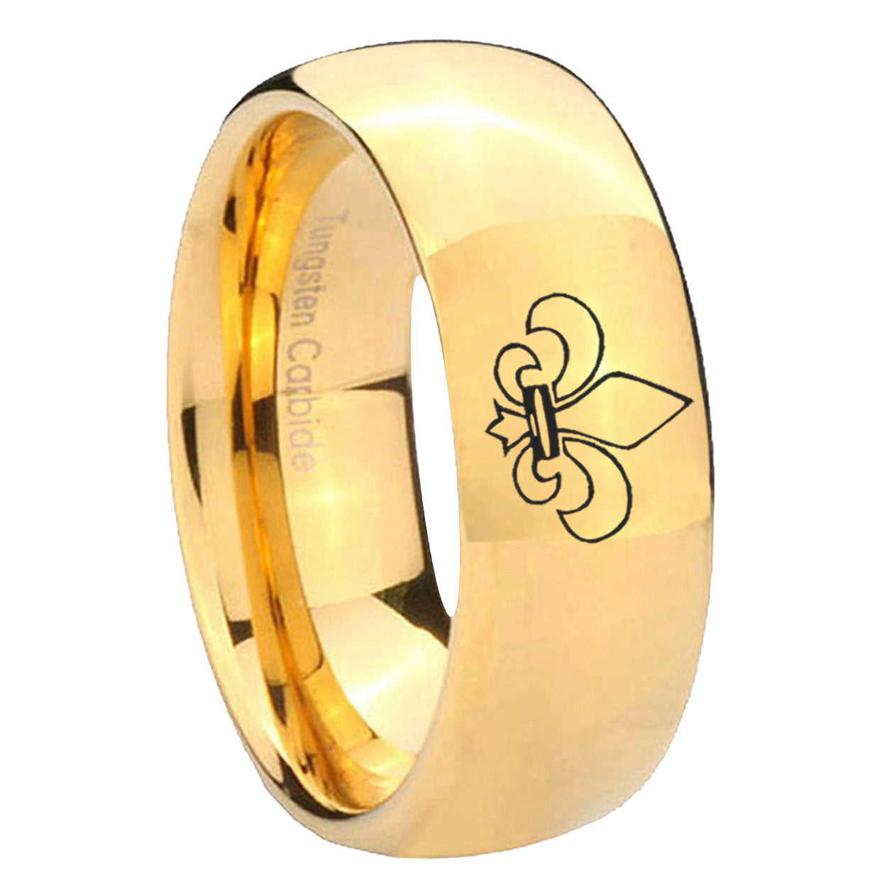 8MM Flaneur-De-Lis Dome Polish Gold Tungsten Mens Ring