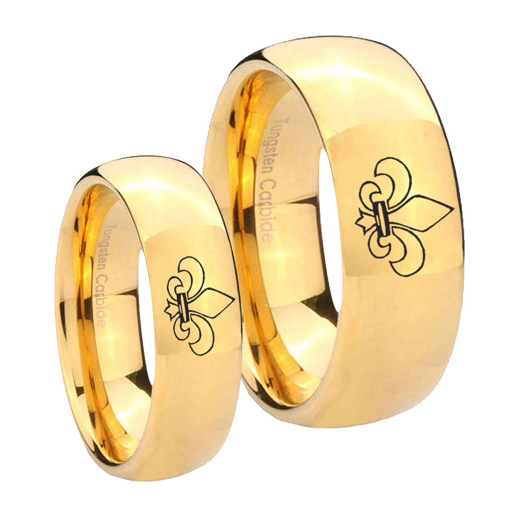 Fleur De Lis Dome Gold Tungsten Wedding Band Set