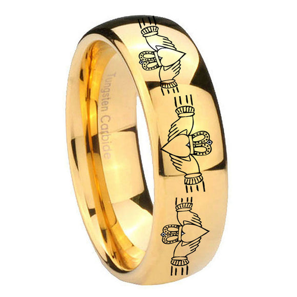 8mm-Irish-Claddagh-Dome-Gold-Tungsten-Carbide-Custom-Mens-Ring