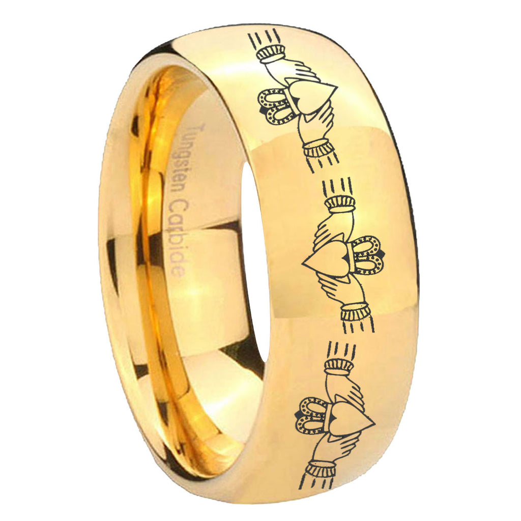 8MM Irish Claddagh Dome Polish Gold Tungsten Engrave Man Ring