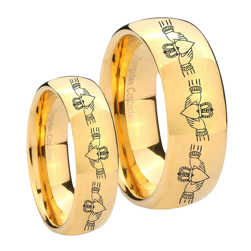 Irish Claddagh Dome Gold Tungsten Wedding Ring Set