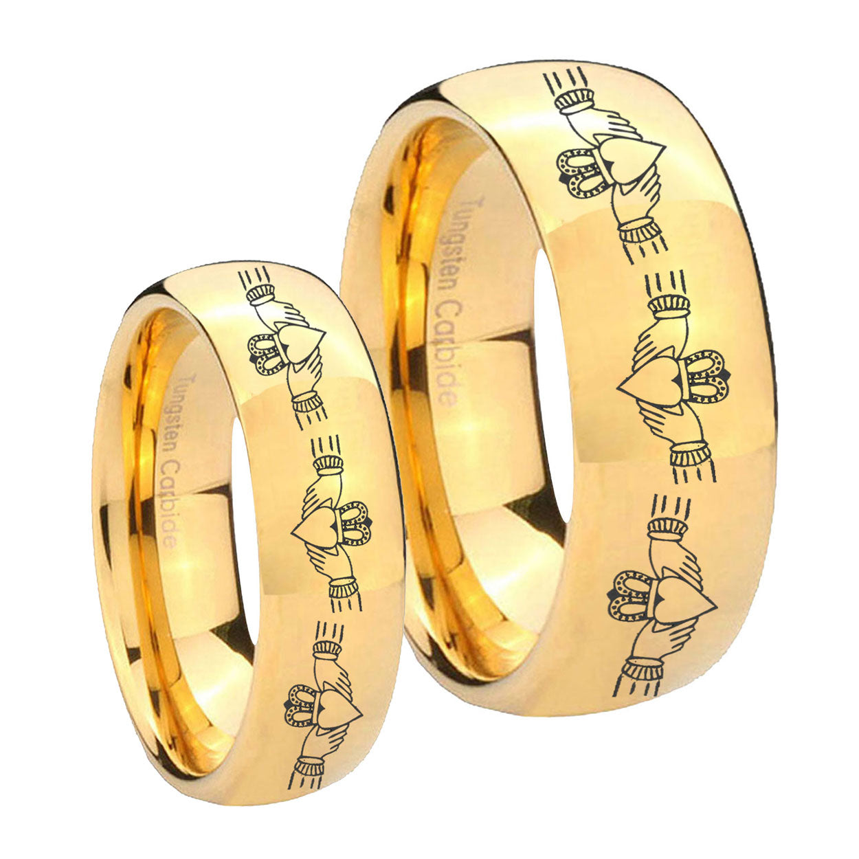Irish Claddagh Dome Gold Tungsten Wedding Ring Set