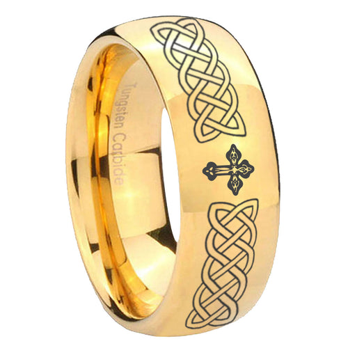 10mm Celtic Cross Dome Gold Tungsten Carbide Mens Engagement Ring