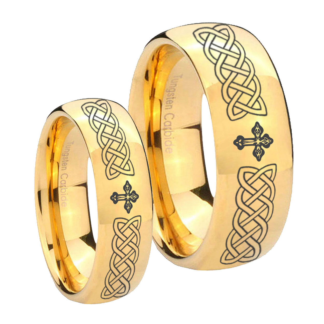 Celtic Cross Dome Gold Tungsten Bridal Ring Set