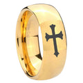 10mm Christian Cross Dome Gold Tungsten Carbide Mens Ring Engraved