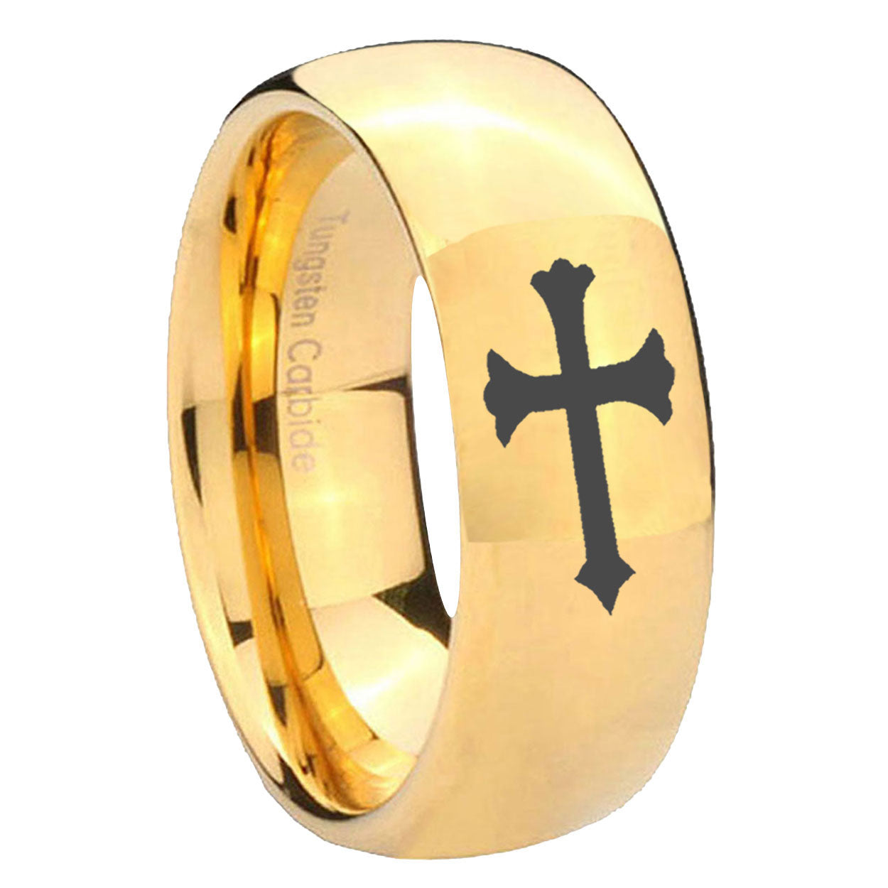 10mm Christian Cross Dome Gold Tungsten Carbide Mens Ring Engraved