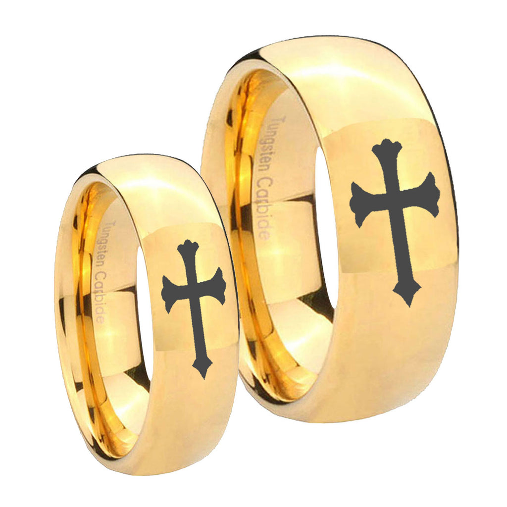Christian Cross Dome Gold Tungsten Bridal Set Ring