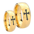 Christian Cross Dome Gold Tungsten Bridal Set Ring