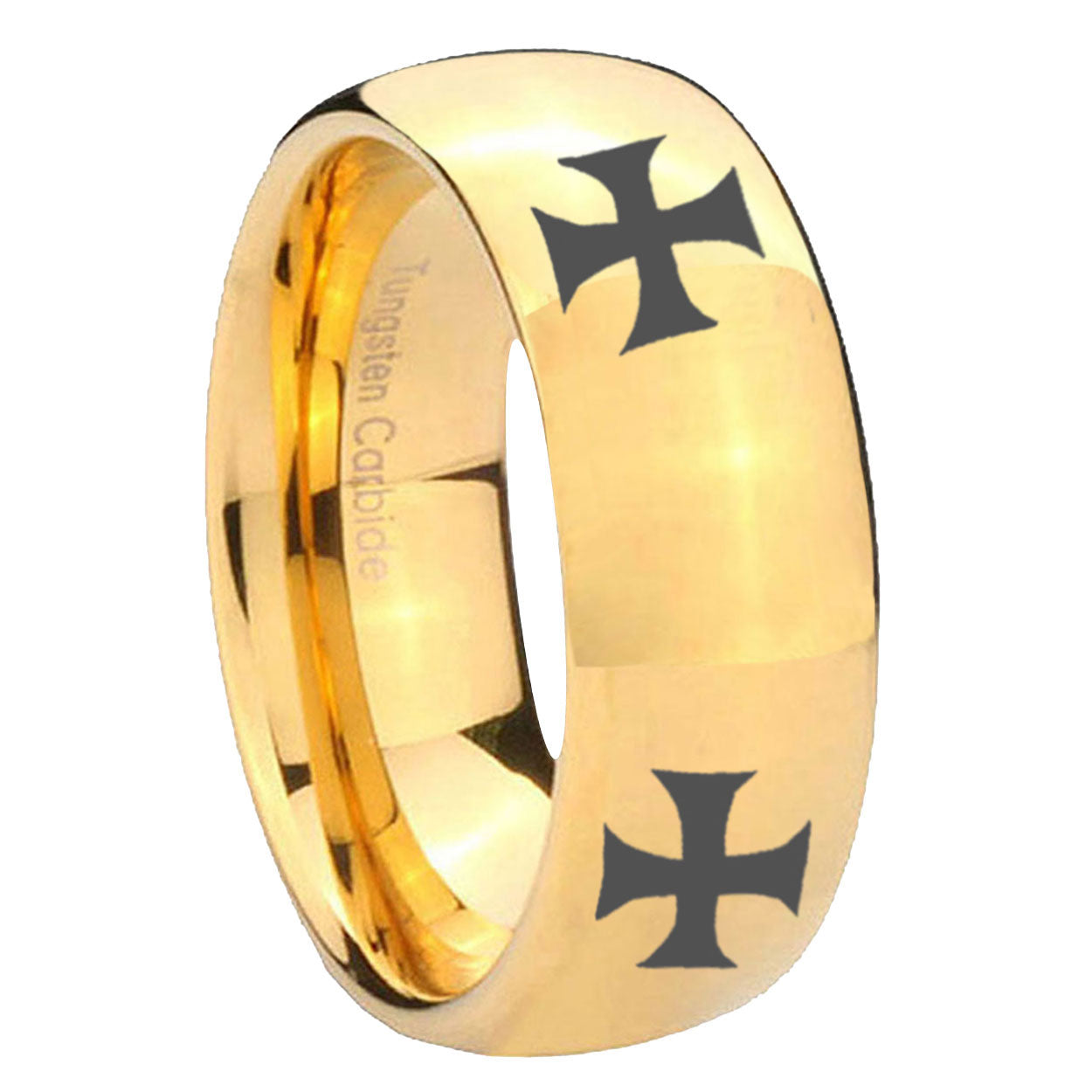 8MM 4 Maltese Cross Dome Polish Gold Tungsten Ring