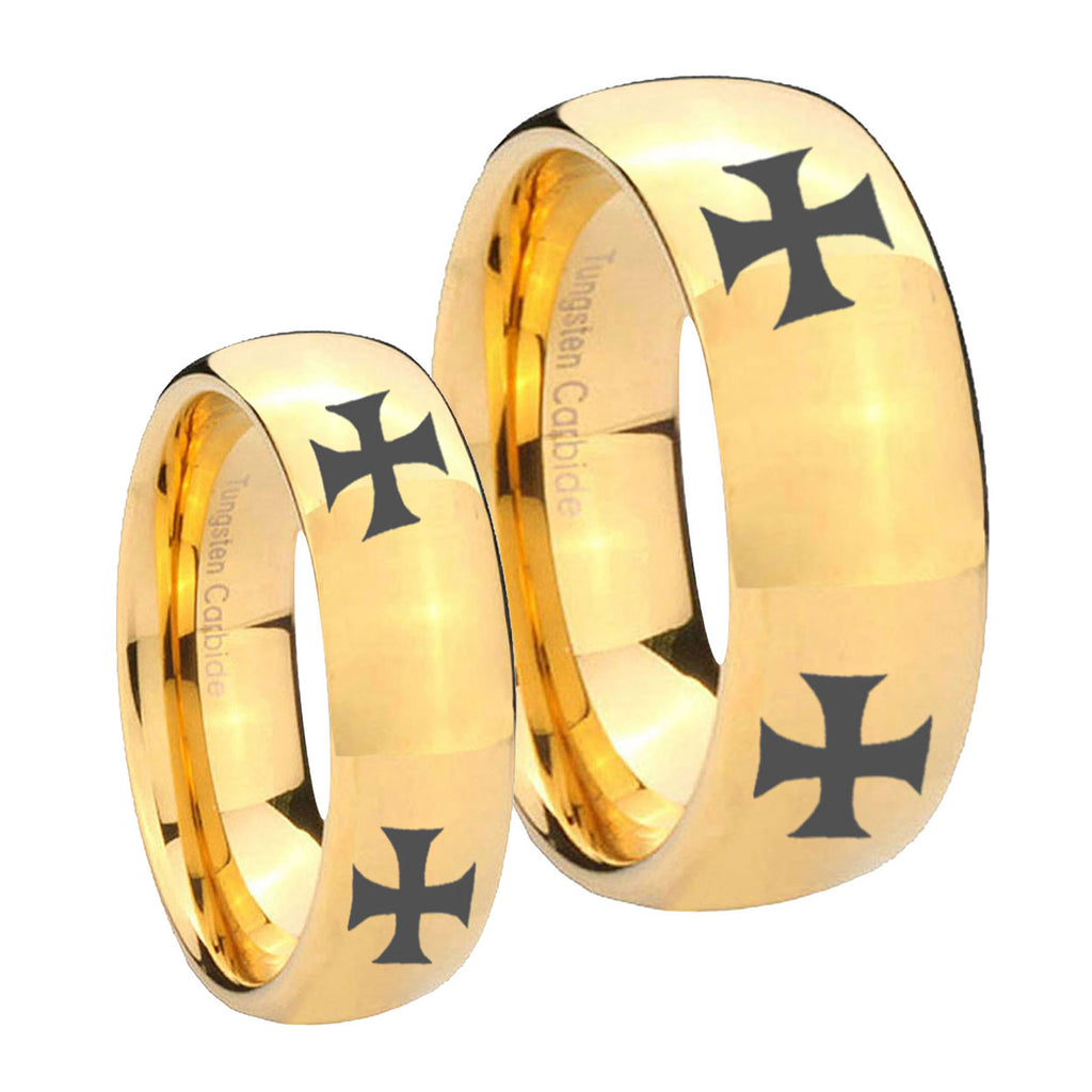 4 Maltese Cross Dome Gold Tungsten Wedding Ring Sets