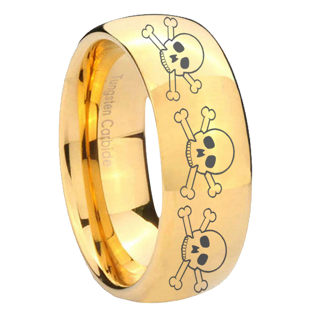 8MM Multiple Skull Dome Polish Gold Tungsten Comfort Fit Ring
