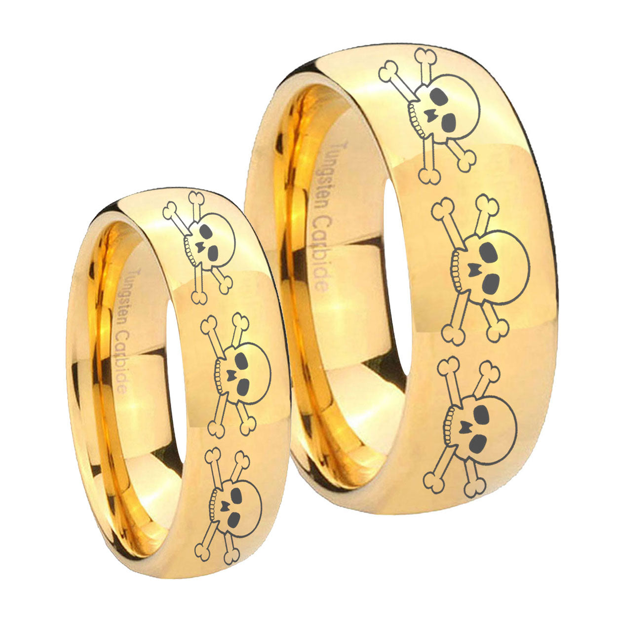 Multiple Skull Dome Gold Tungsten Wedding Set Rings