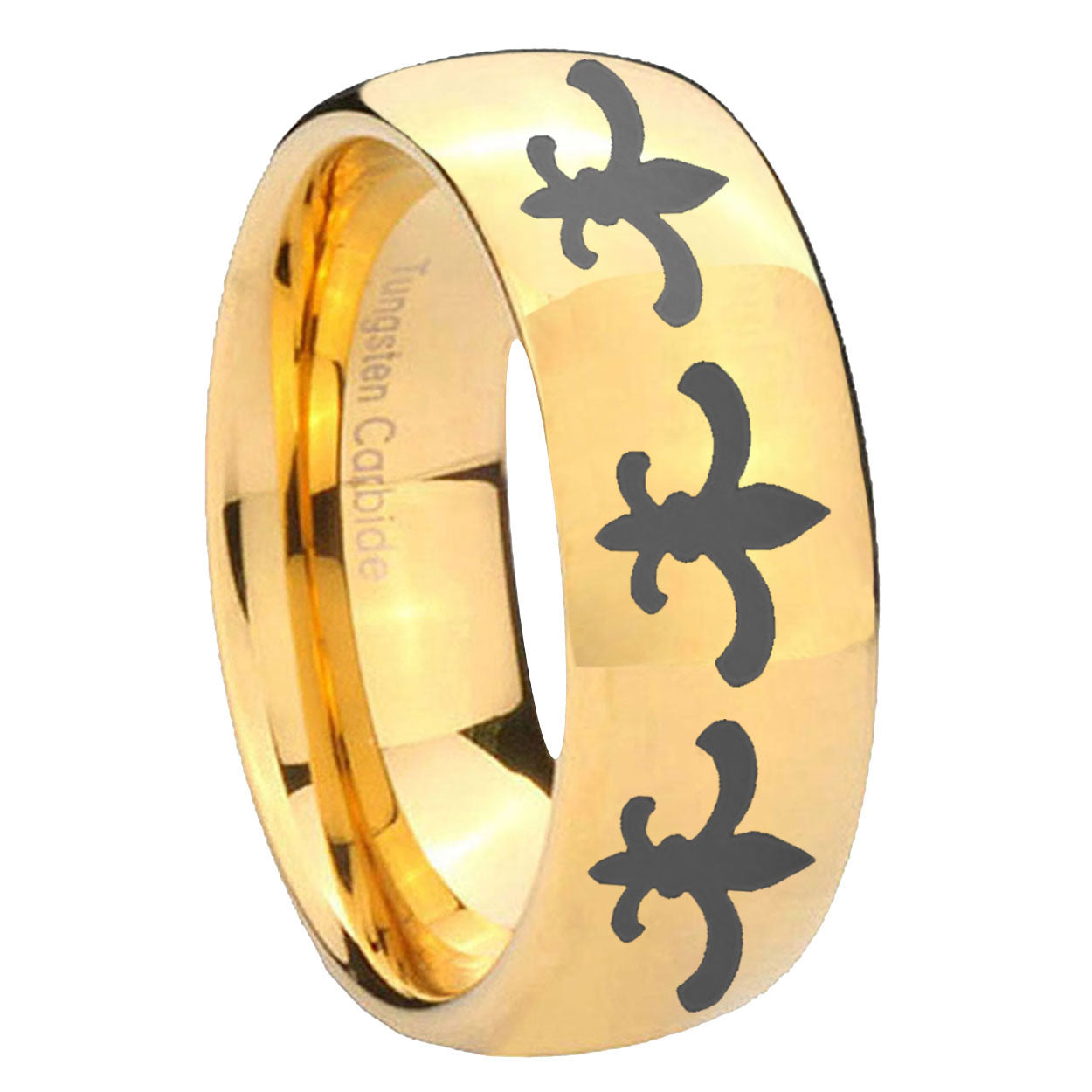8MM Multiple Fleur-De-Lis Dome Polish Gold Tungsten Custom Ring