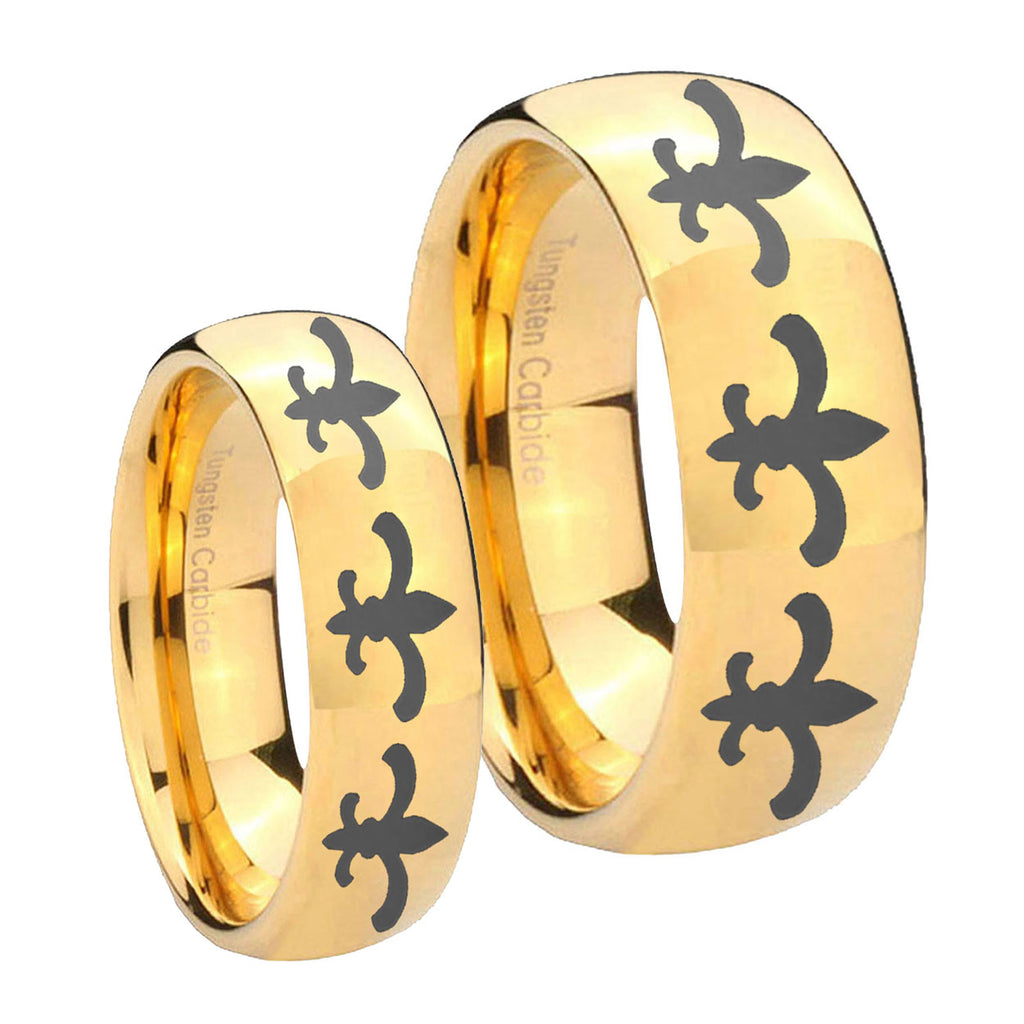 Multiple Fleur De Lis Dome Gold Tungsten His Hers Ring Set