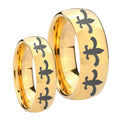 Multiple Fleur De Lis Dome Gold Tungsten His Hers Ring Set